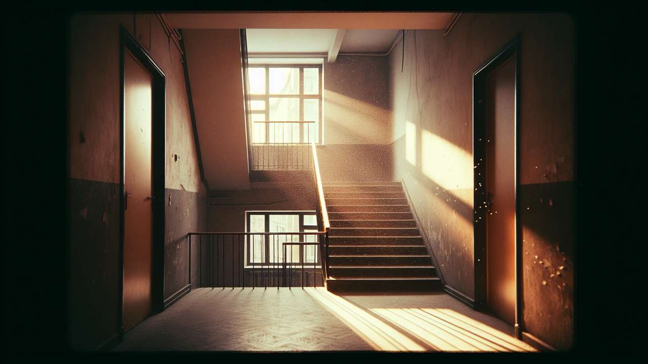 dimly lit apartment stairwell, warm afternoon light falling through a narrow window, dust particles in the air, urban mood