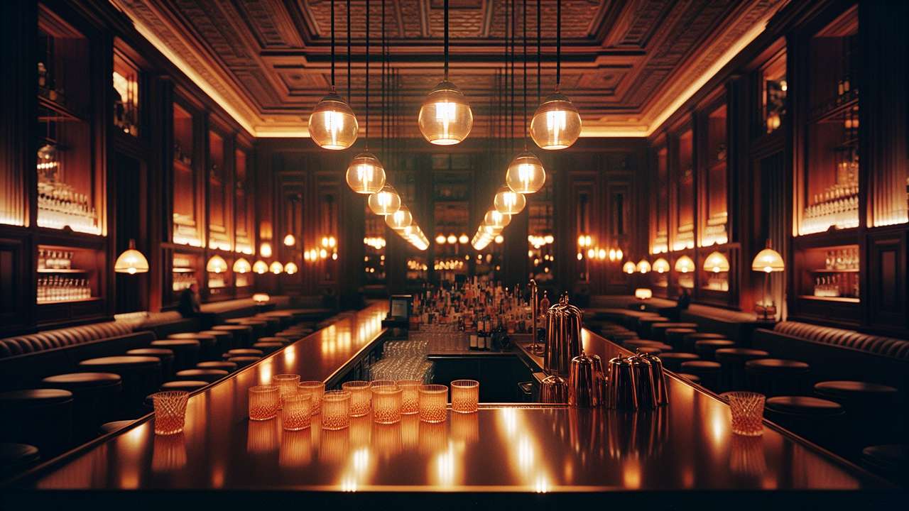 dimly lit hotel bar at night, amber lighting, dark wood paneling, crystal glasses on polished counter, intimate and luxurious