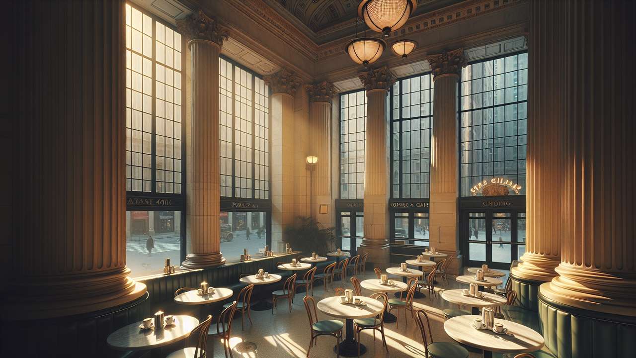 Sunlit corner café in late afternoon, warm golden light through tall windows, espresso cups on marble tables, intimate mood