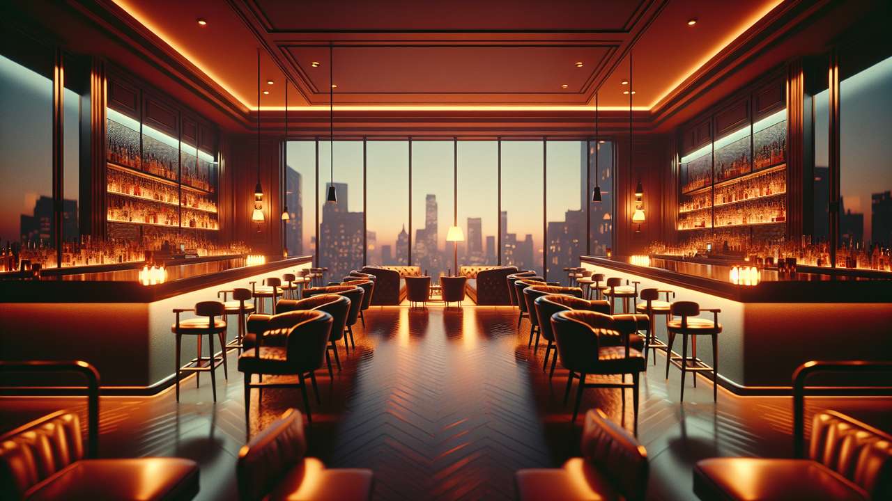 dimly lit luxury hotel bar at night, amber lighting, dark leather seats, city skyline through floor-to-ceiling windows