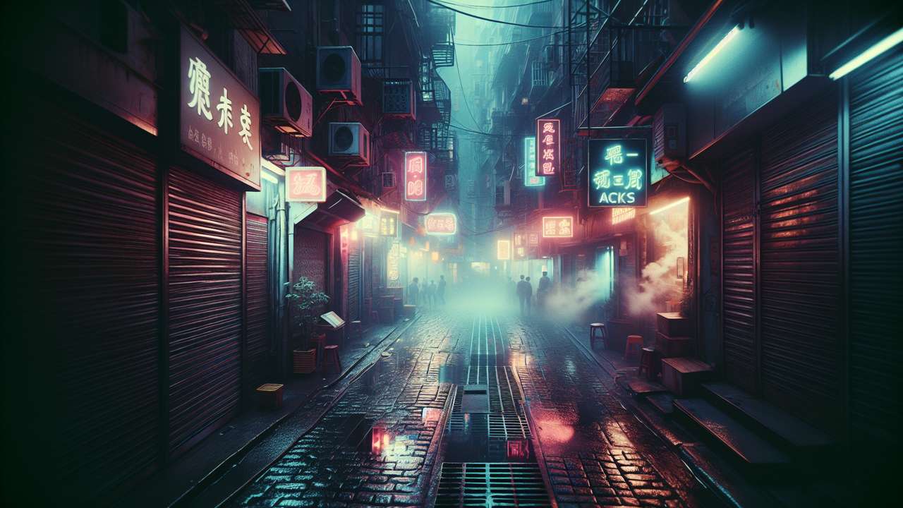 narrow back alley at night, wet cobblestones reflecting neon bar signs, steam rising from a grate, raw urban atmosphere