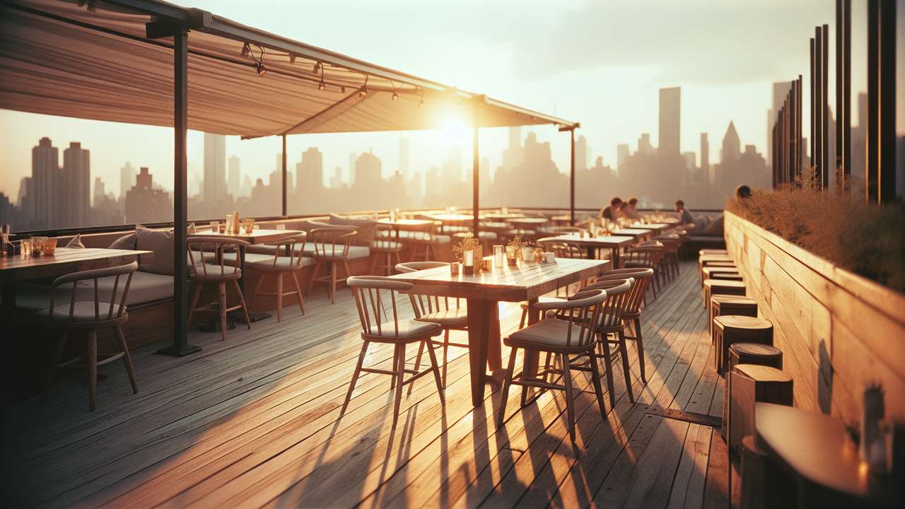 sunlit rooftop bar in summer, wooden furniture, golden hour light, city skyline in the background, relaxed warm atmosphere