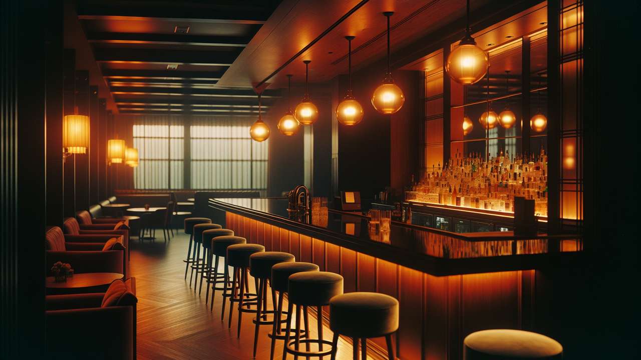 Dimly lit hotel bar at night, amber lighting, dark wood counters, velvet barstools, warm intimate atmosphere