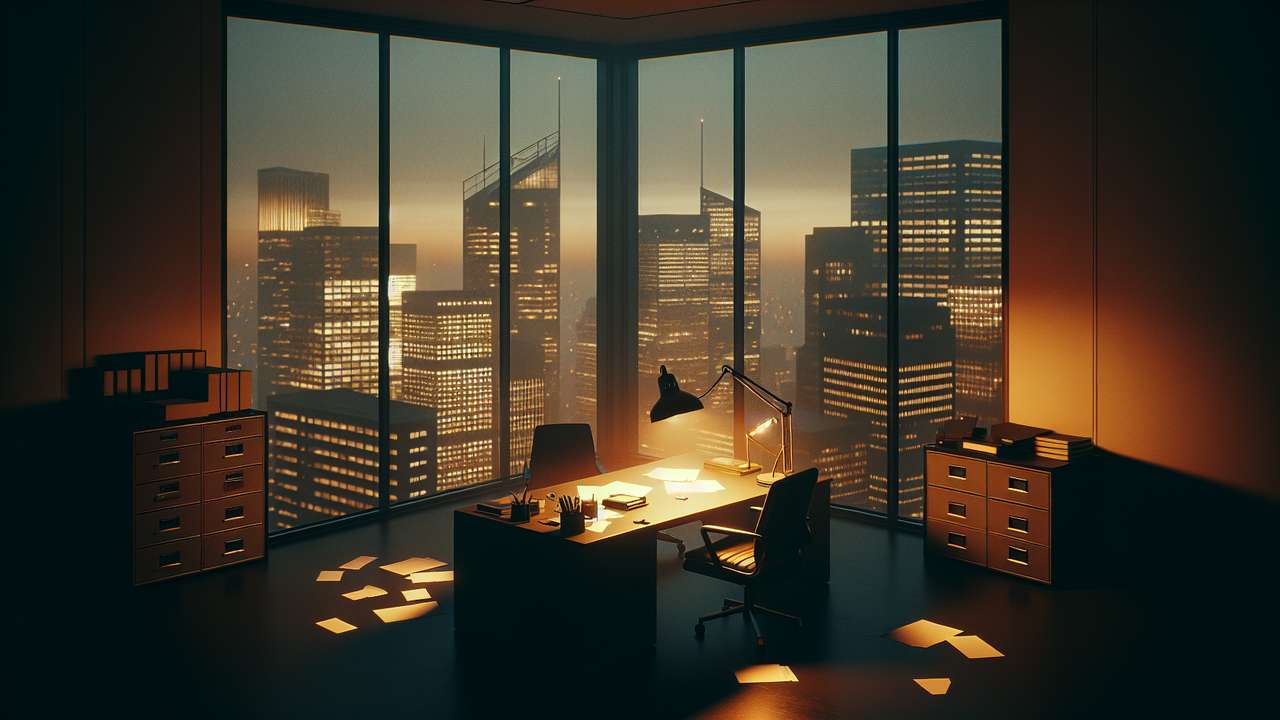dimly lit corner office at night, city skyline through floor-to-ceiling windows, amber desk lamp, scattered papers