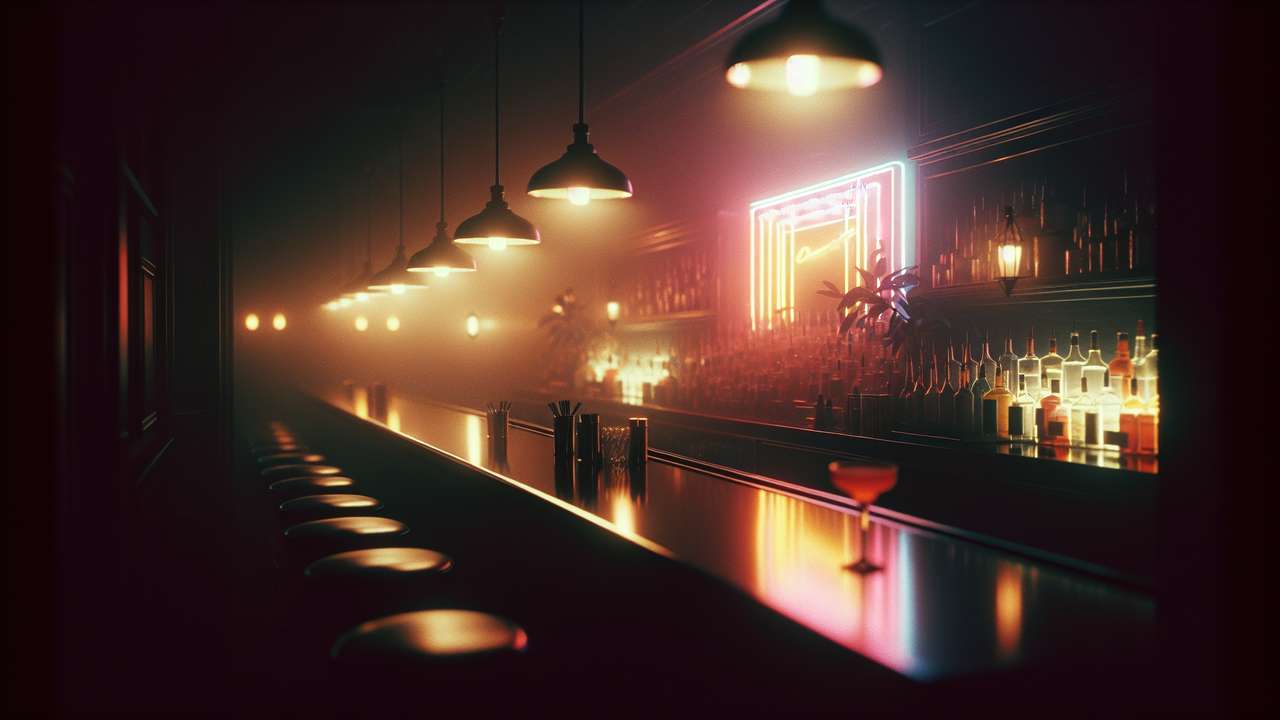 dimly lit cocktail bar at night, neon reflections on dark wooden counter, warm amber light, intimate and electric mood