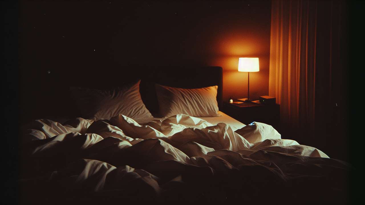 dimly lit bedroom at night, rumpled white sheets, warm amber lamplight, intimate and heated atmosphere