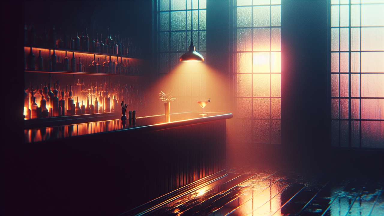 dimly lit cocktail bar at night, amber light on dark wood counter, neon glow through rain-streaked windows, intimate moody atmosphere