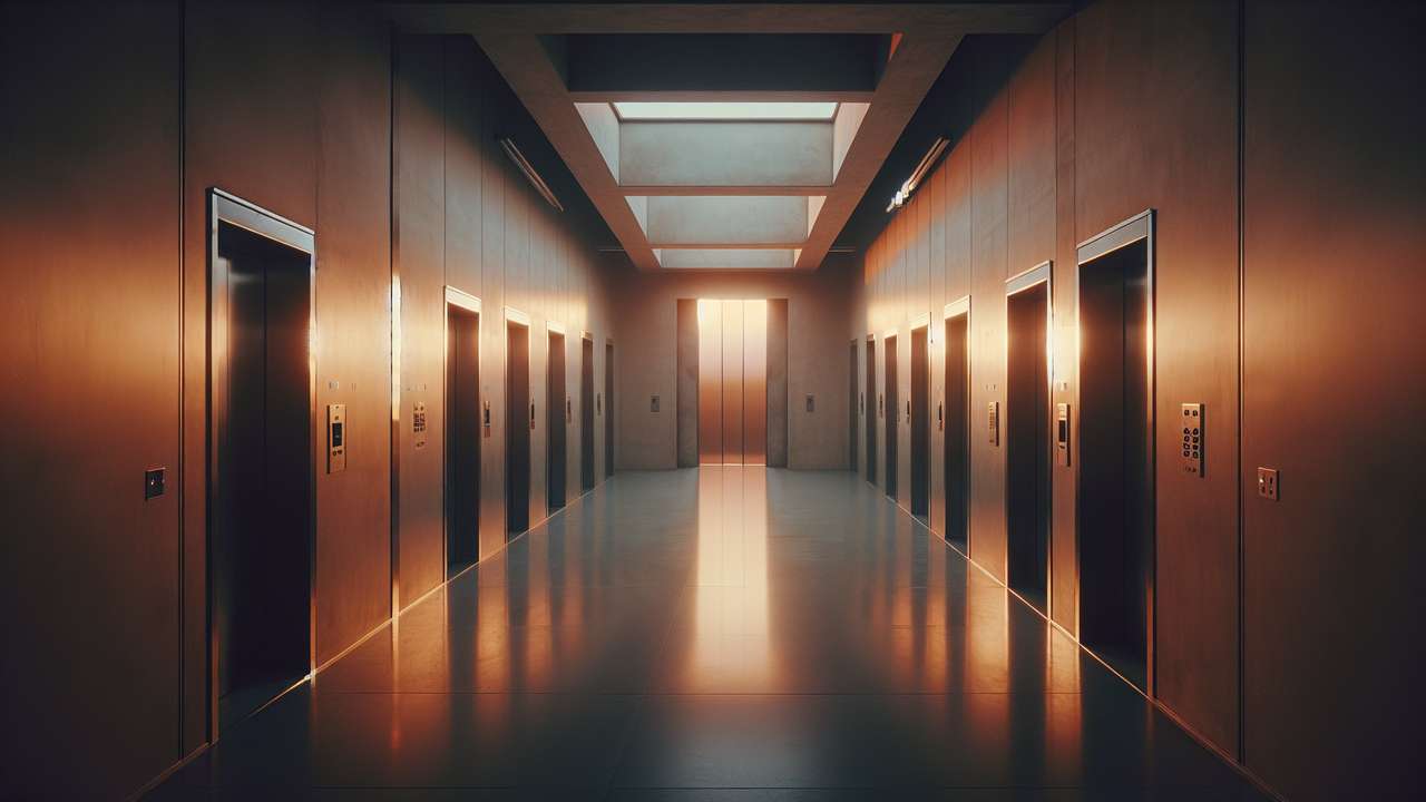 narrow elevator interior, dim warm overhead light, mirrored walls, late evening, confined and intimate atmosphere