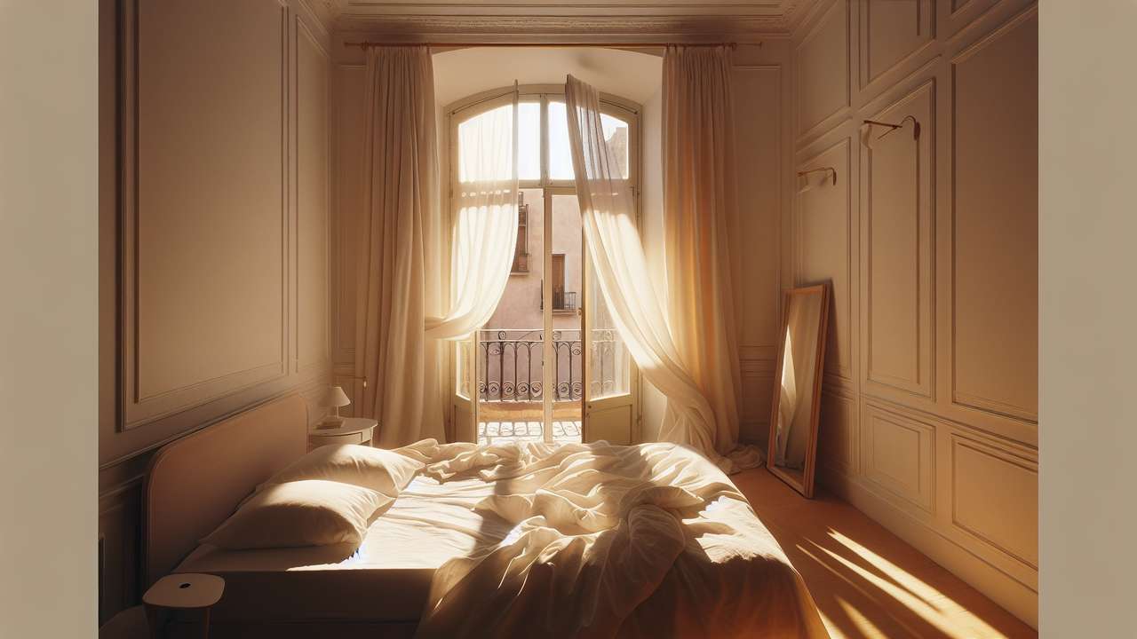 sunlit bedroom, white linen sheets, warm golden afternoon light, open balcony door with sheer curtains blowing softly