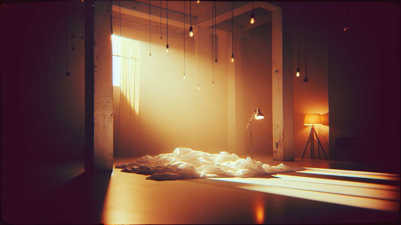 dimly lit loft apartment at night, exposed brick walls, warm amber light from a single floor lamp, rumpled white sheets