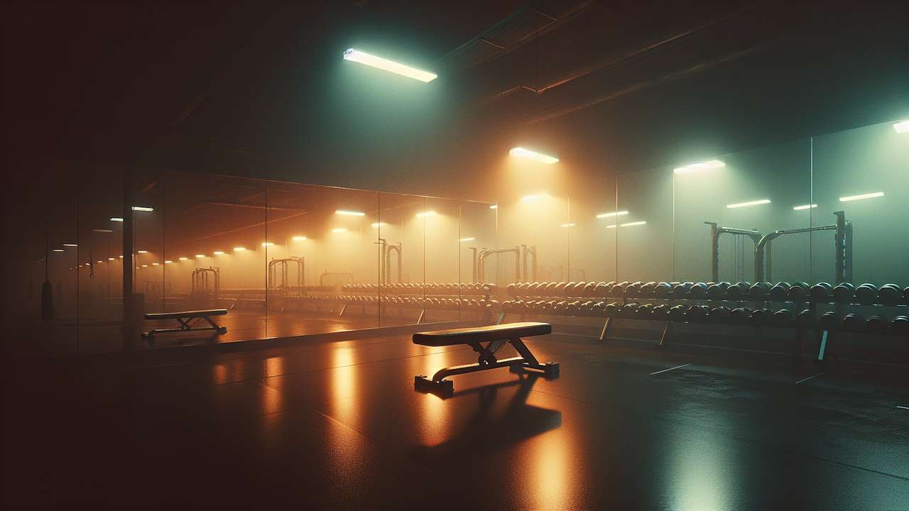dimly lit gym at night, sweat-fogged mirrors, single overhead light casting warm shadows on weight bench