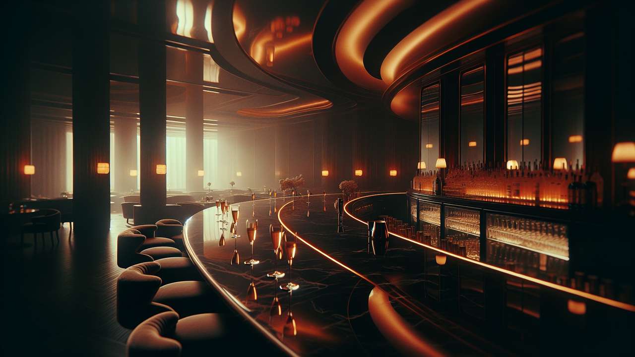 Dimly lit luxury hotel bar at night, amber lighting, velvet chairs, champagne glasses on dark marble counter, intimate atmosphere