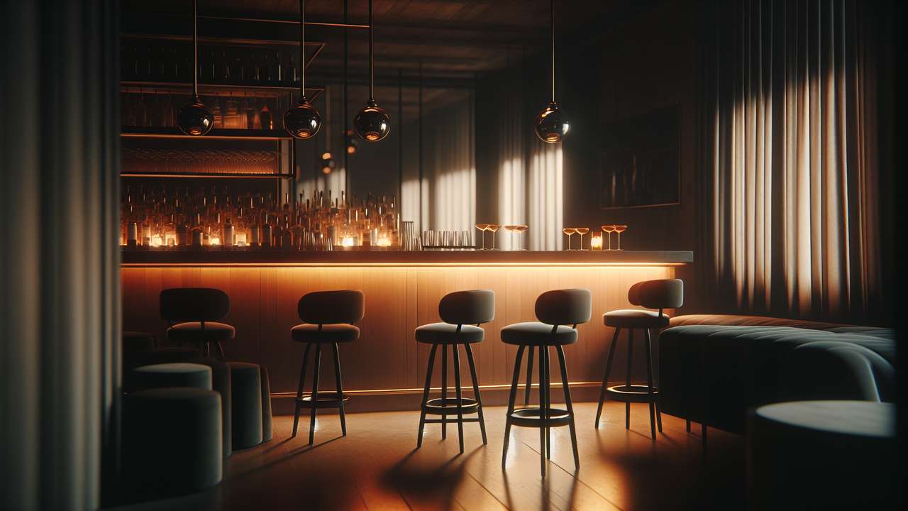 dimly lit cocktail bar at night, amber light reflecting on dark wooden counter, velvet barstools, intimate moody atmosphere