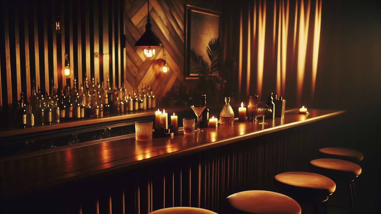 dimly lit cocktail bar at night, amber lighting, velvet seating, candles flickering on dark wooden counter, intimate mood