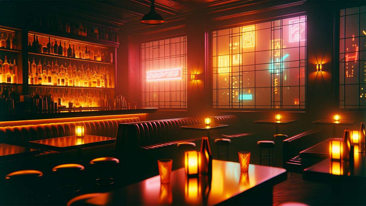 dimly lit cocktail bar at night, amber light, leather booths, neon glow through tinted windows, sultry atmosphere