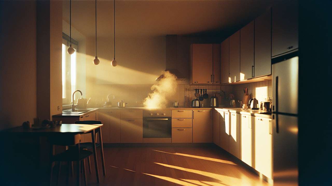 sunlit apartment kitchen on a lazy sunday morning, warm golden light, bare wooden floor, coffee steam rising