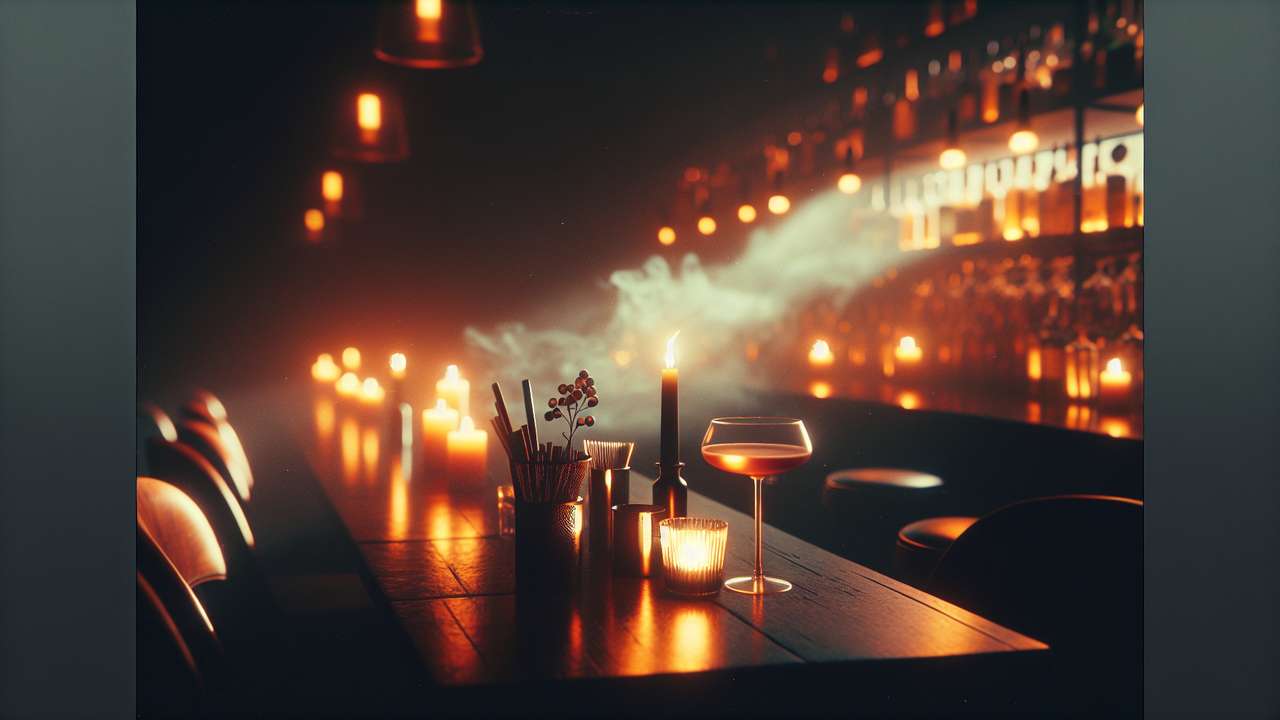 dimly lit cocktail bar at night, amber light on dark wood, candles flickering, smoky intimate atmosphere