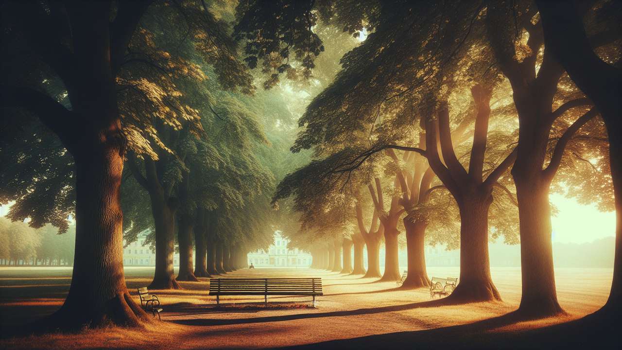 sun-drenched empty park bench under old linden trees, late summer afternoon, golden light, warm haze