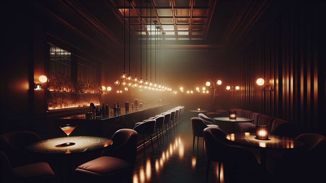 Dimly lit upscale hotel bar at night, amber lighting, velvet seating, cocktail glasses on dark marble counter, smoky atmosphere