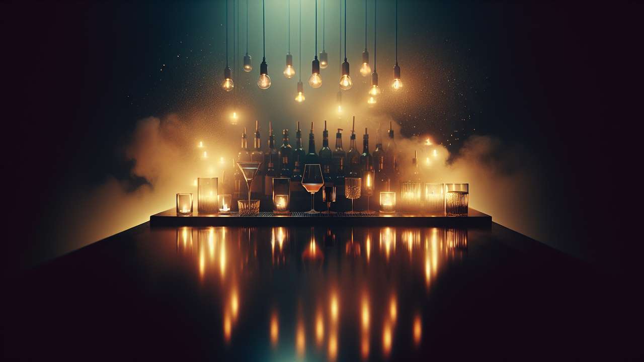 dimly lit cocktail bar at night, amber light on dark wood counter, candle reflections on glass surfaces, intimate smoky mood