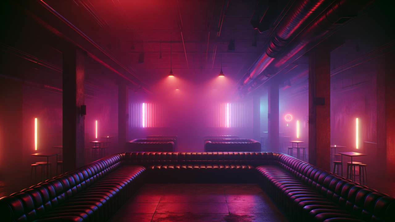dim underground club, neon violet and red lights, hazy air, leather couches along dark walls, pulsing nightlife atmosphere