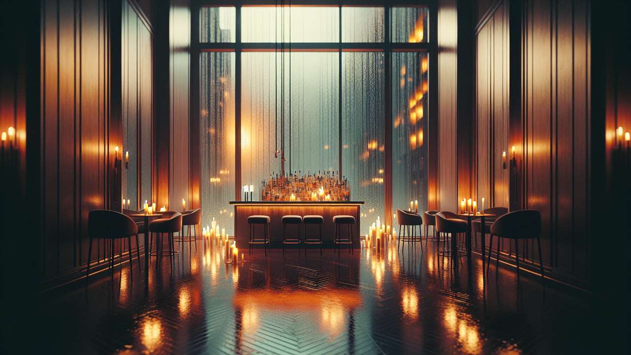 dimly lit hotel bar at night, amber candlelight reflecting on dark mahogany wood, rain streaking down floor-to-ceiling windows