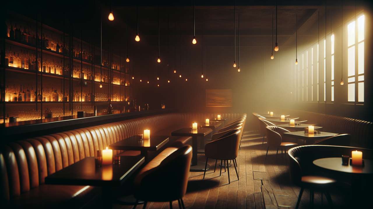 dimly lit cocktail bar at night, amber lighting, leather booth seats, candles flickering on dark wooden tables