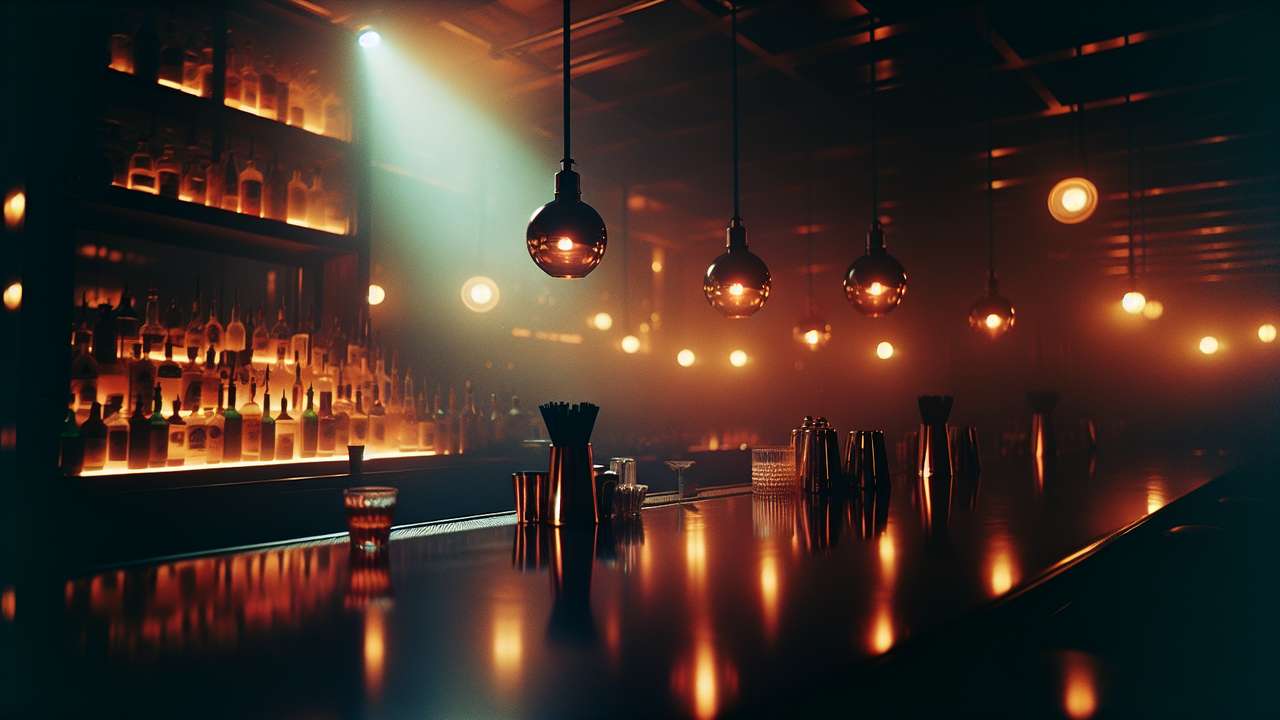 dimly lit cocktail bar at night, amber light reflections on dark polished surfaces, intimate and smoky atmosphere