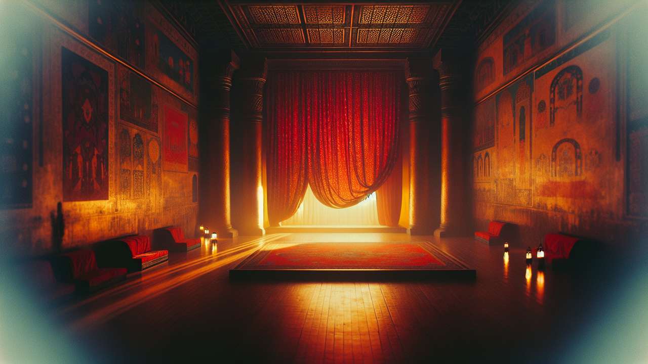 dimly lit bedroom, red fabric draped over wooden floor, warm golden lamplight, evening atmosphere, sensual and intimate
