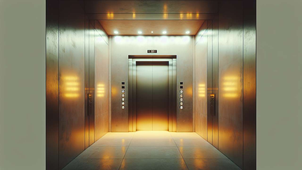 Dimly lit elevator interior, brushed steel walls reflecting warm yellow light, floor numbers glowing softly, confined intimate space