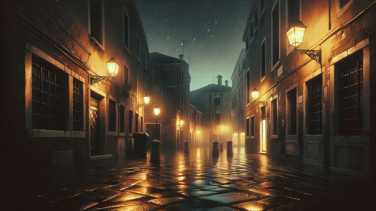 dimly lit cobblestone courtyard at night, warm lantern glow on wet stone, summer humidity, intimate atmosphere