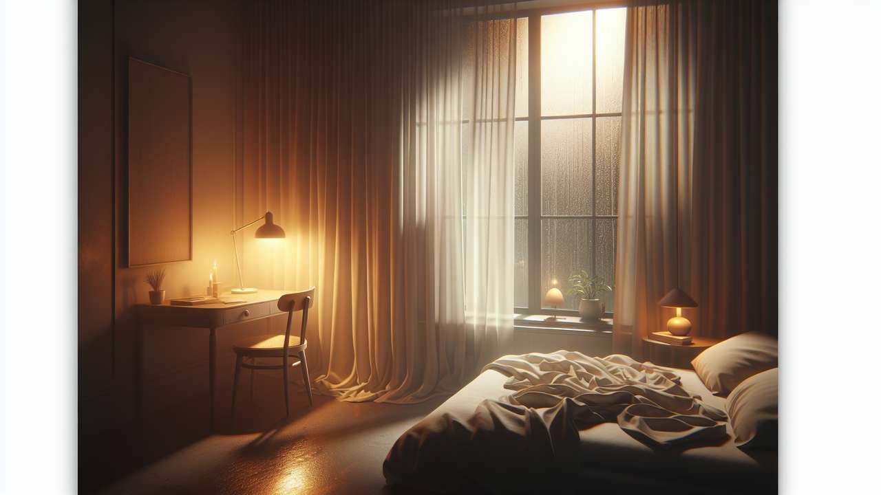 dimly lit bedroom after rain, open window, wet curtains, warm amber lamplight, humid summer night atmosphere