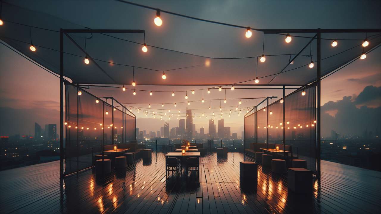 dimly lit rooftop bar at summer dusk, warm string lights, city skyline glowing amber, humid evening air