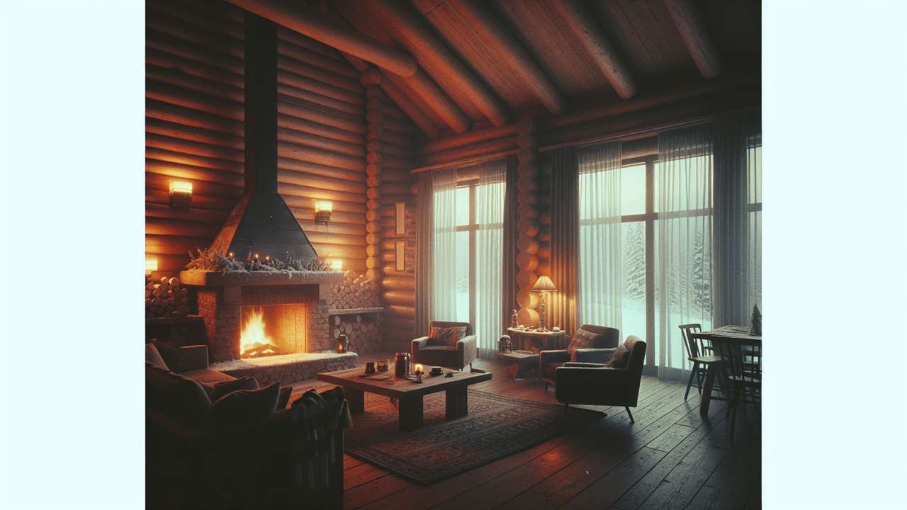 Dimly lit wooden ski lodge interior, crackling fireplace, snow falling outside frosted windows, warm amber glow, late afternoon
