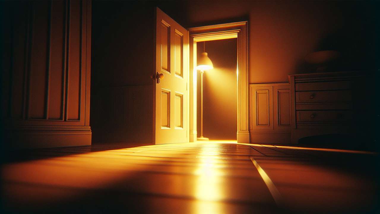dimly lit bedroom doorway, warm golden lamplight spilling across hardwood floor, evening atmosphere, soft shadows