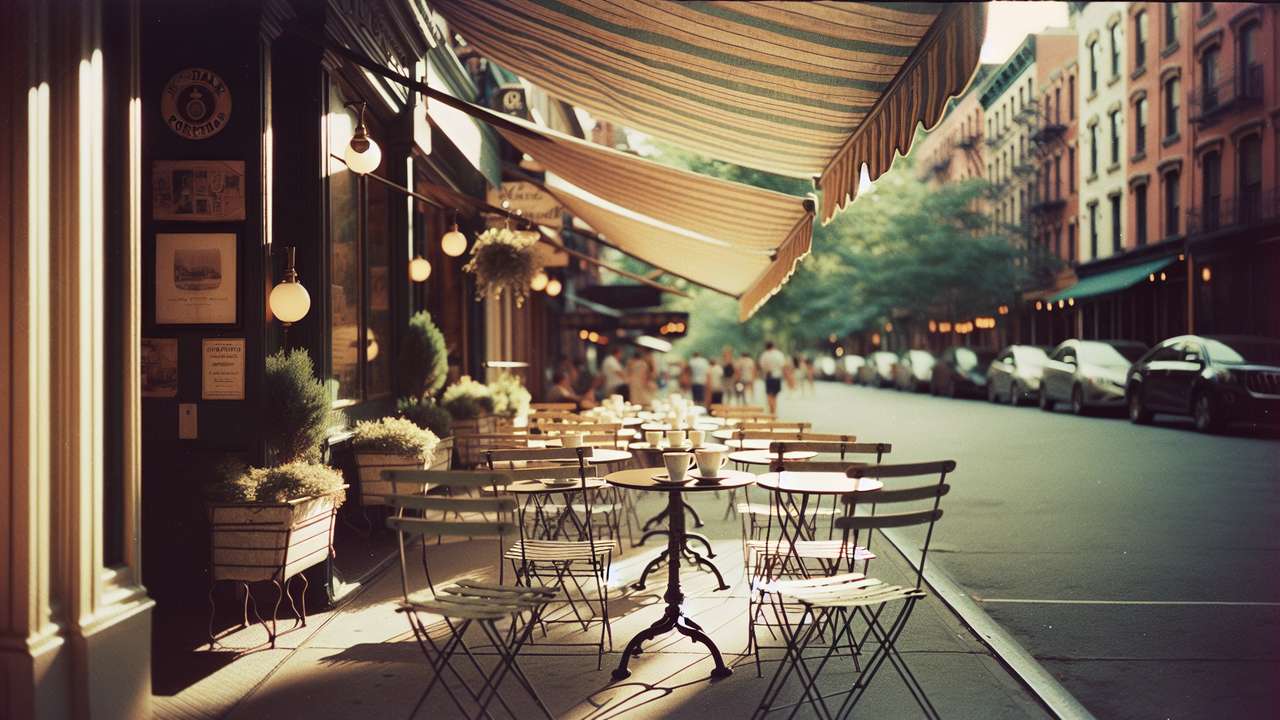 sunlit sidewalk café in summer, wrought-iron chairs, espresso cups, golden afternoon light through linen awnings, warm breeze