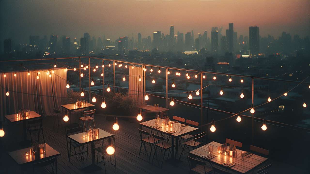 dimly lit summer rooftop bar at dusk, string lights glowing warm, city skyline in the background, humid evening air