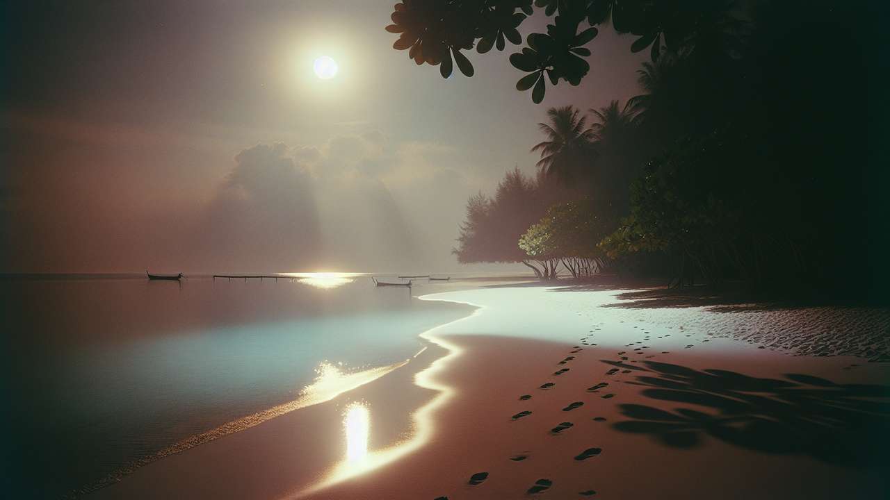 Secluded tropical beach at night, moonlight reflecting on calm waves, warm breeze, footprints in white sand, intimate atmosphere