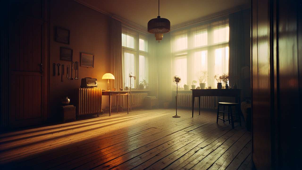 dimly lit living room in winter afternoon, warm lamplight on wooden floor, tools on a side table, steamy radiator hissing softly