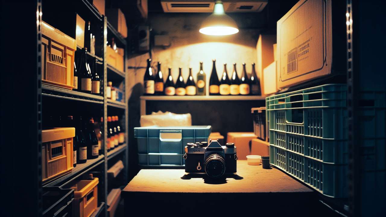 dimly lit restaurant storage room at night, shelves with bottles and crates, single warm ceiling light, closed door, intimate mood