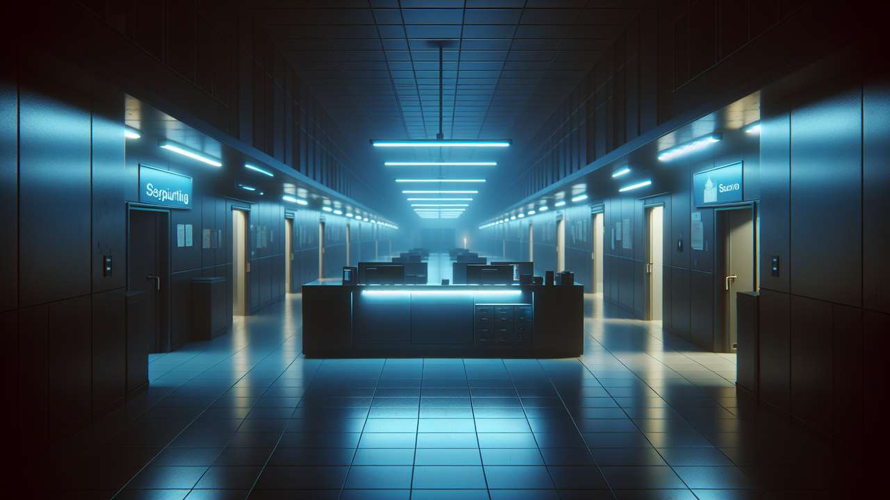 dark empty office building at night, security desk with glowing monitors, blue light, silent corridors