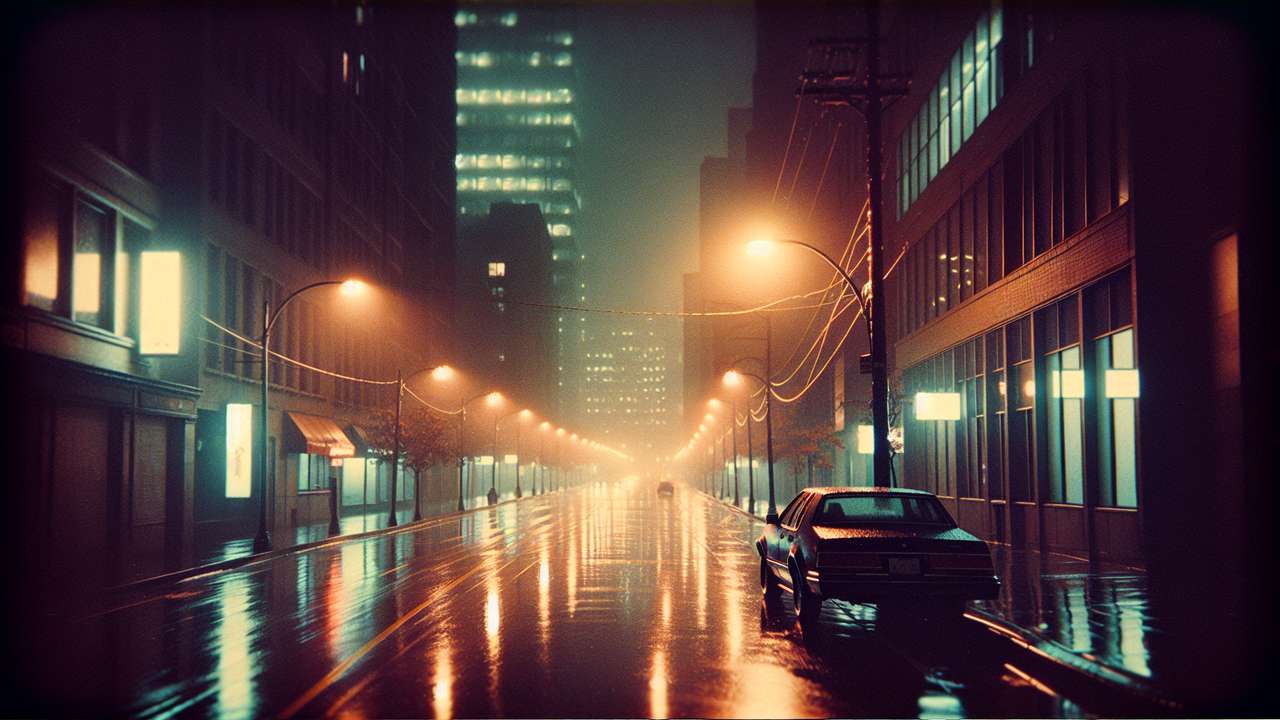 Empty city street at night, warm streetlights reflecting on wet asphalt, dark sedan parked beneath a flickering lantern, urban autumn mood