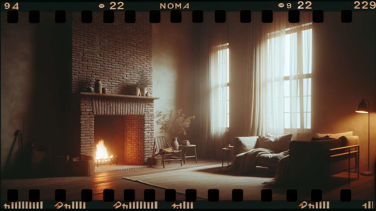 cozy living room with brick fireplace, warm afternoon light, soot marks near the hearth, intimate rustic atmosphere