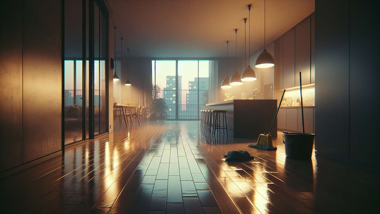 dimly lit modern apartment at dusk, wet freshly mopped hardwood floor reflecting warm lamplight, bucket and mop nearby