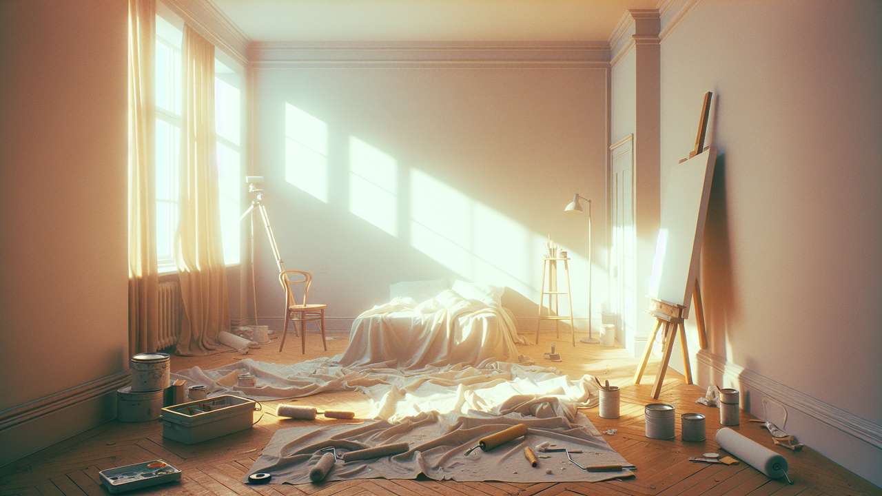 sunlit bedroom with drop cloths on the floor, open paint cans, roller brushes, warm afternoon light through curtains