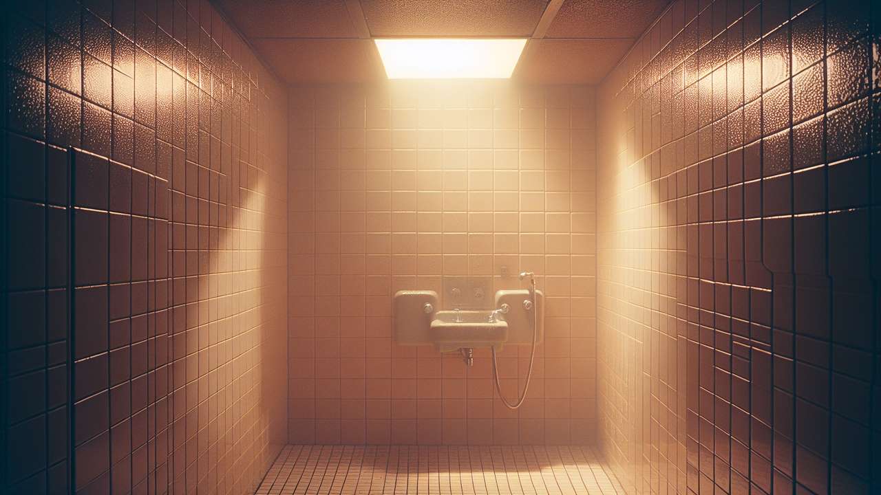 steamy small bathroom, warm overhead light, condensation on tiles, dripping faucet, humid afternoon atmosphere