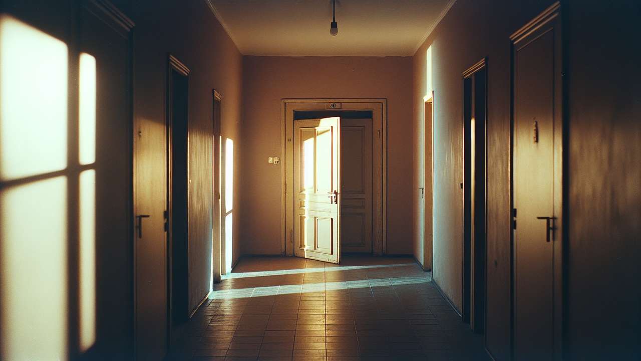 dimly lit apartment hallway at night, warm golden light from a half-open door, shadows on the walls, intimate and tense mood