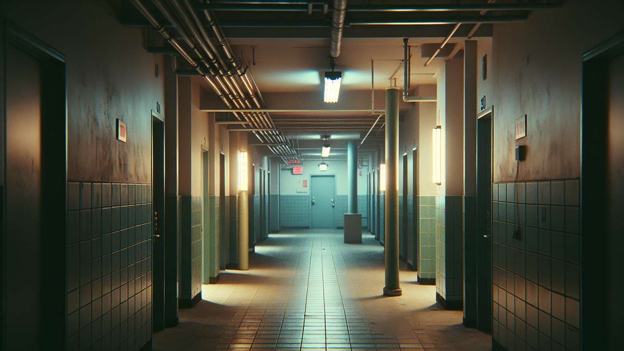 dimly lit apartment hallway at night, single flickering fluorescent light, closed door, urban building, quiet and tense mood