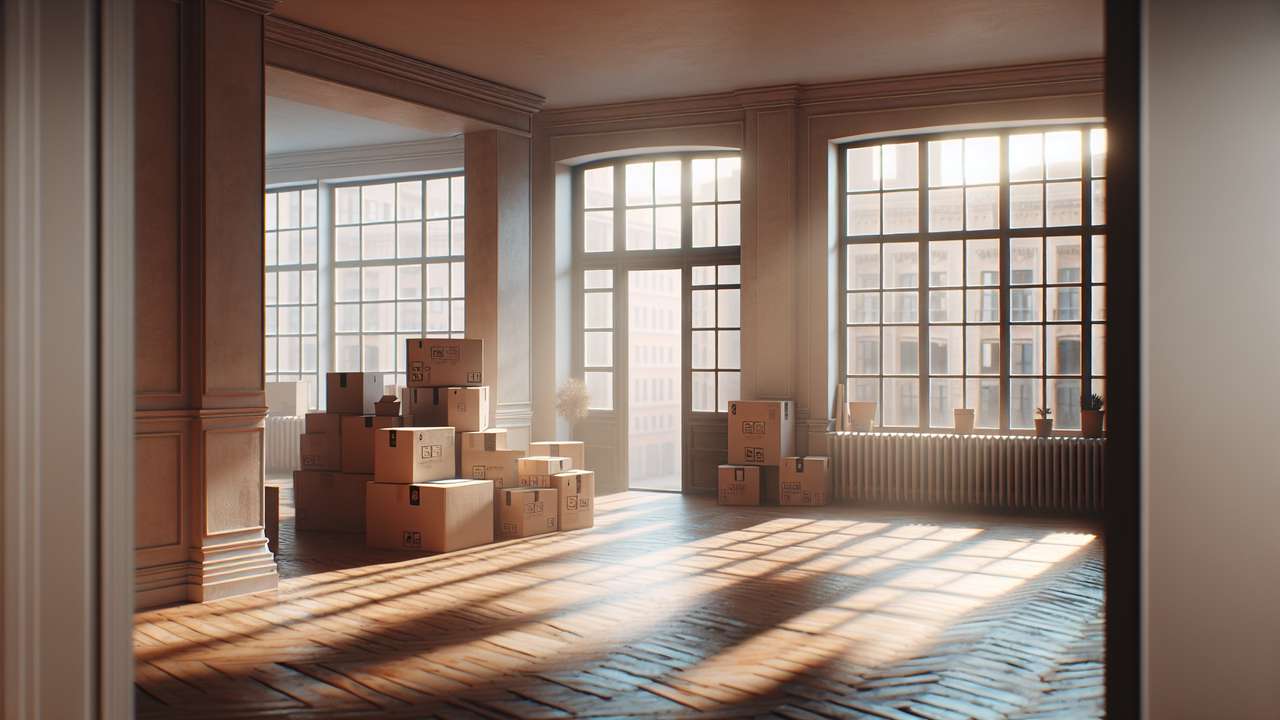 sunlit apartment with open windows, wooden floors, afternoon light casting warm shadows, moving boxes stacked by the wall