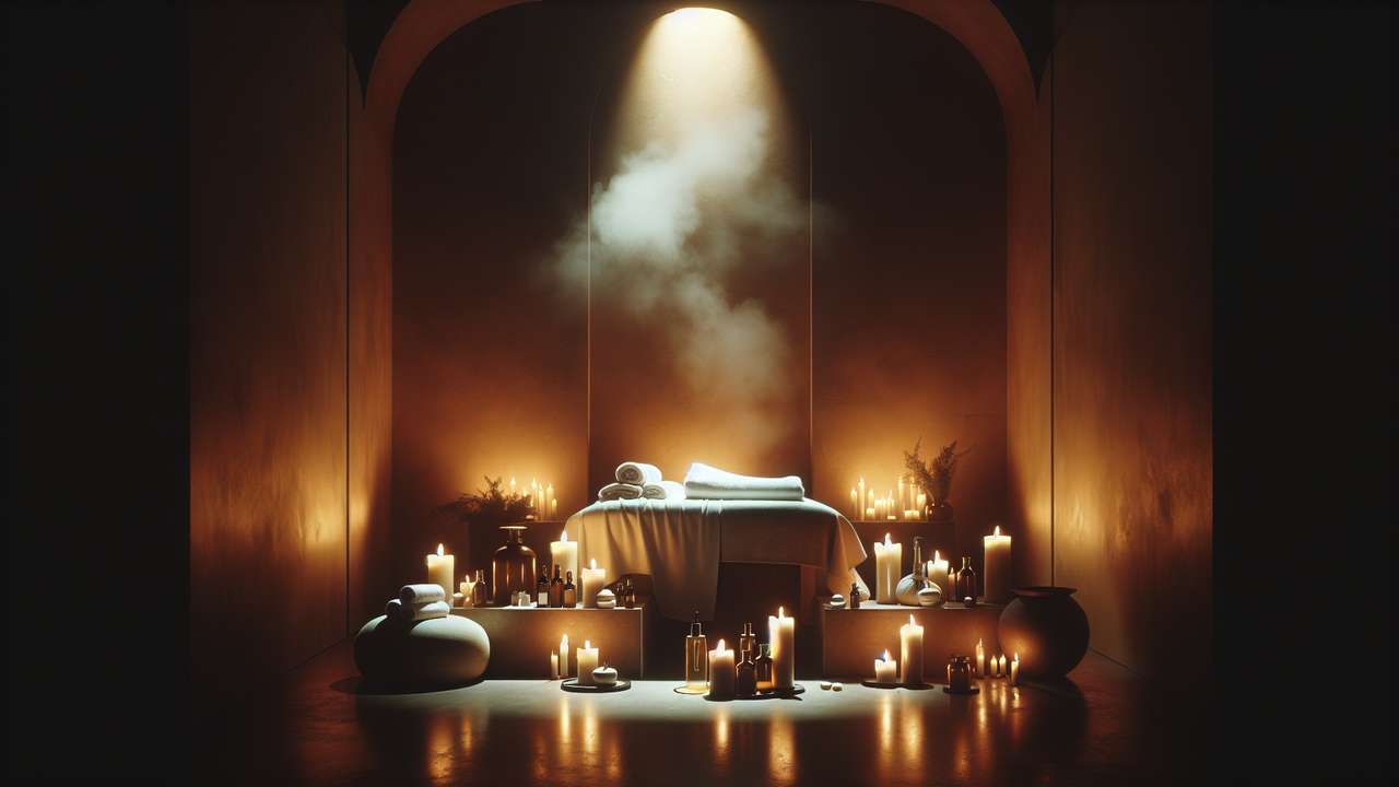 dimly lit luxury spa treatment room, warm candlelight, white towels, steam rising, essential oil bottles, intimate atmosphere